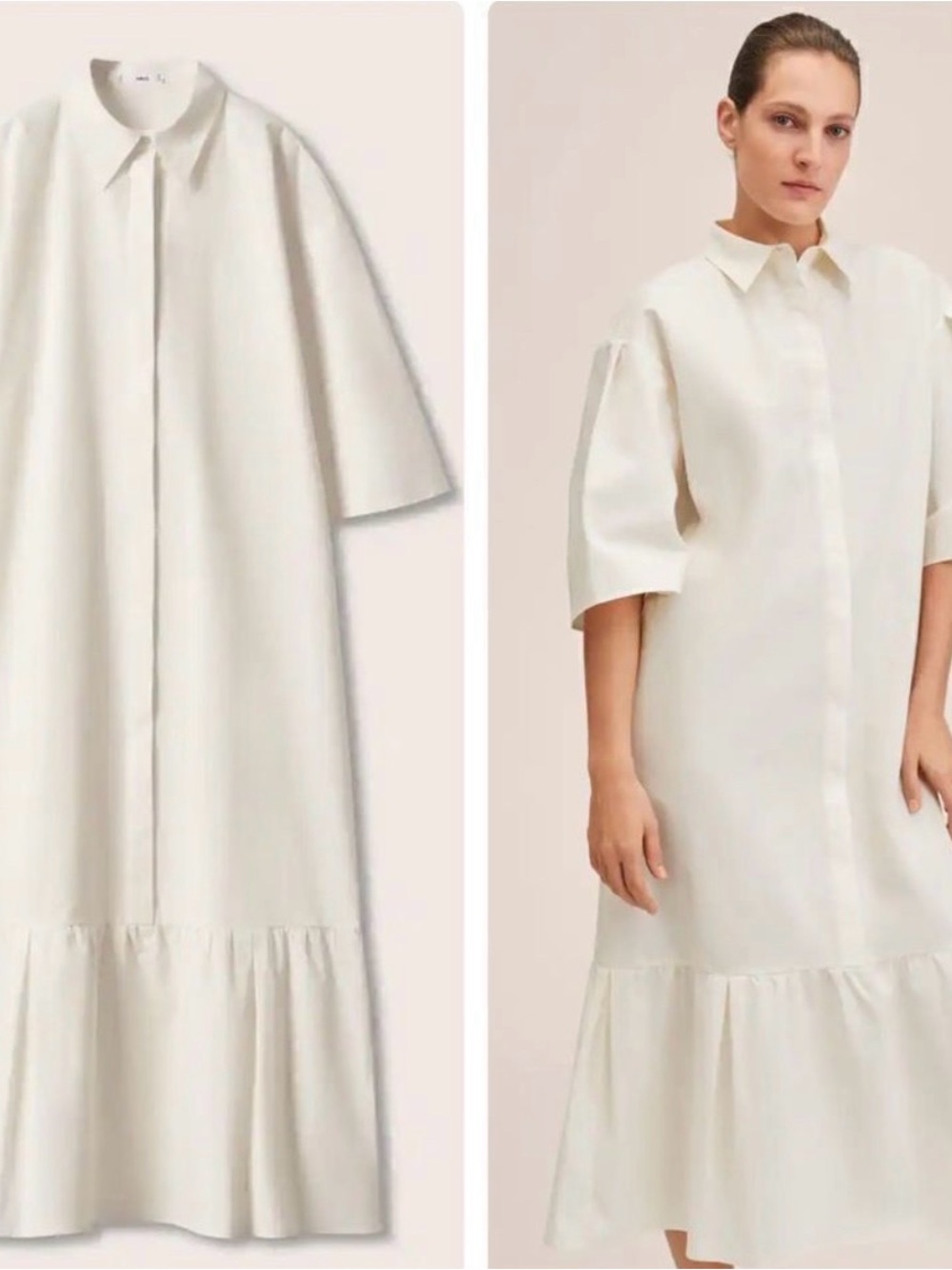Mango Cream Maxi Shirt Dress with Ruffle Hem